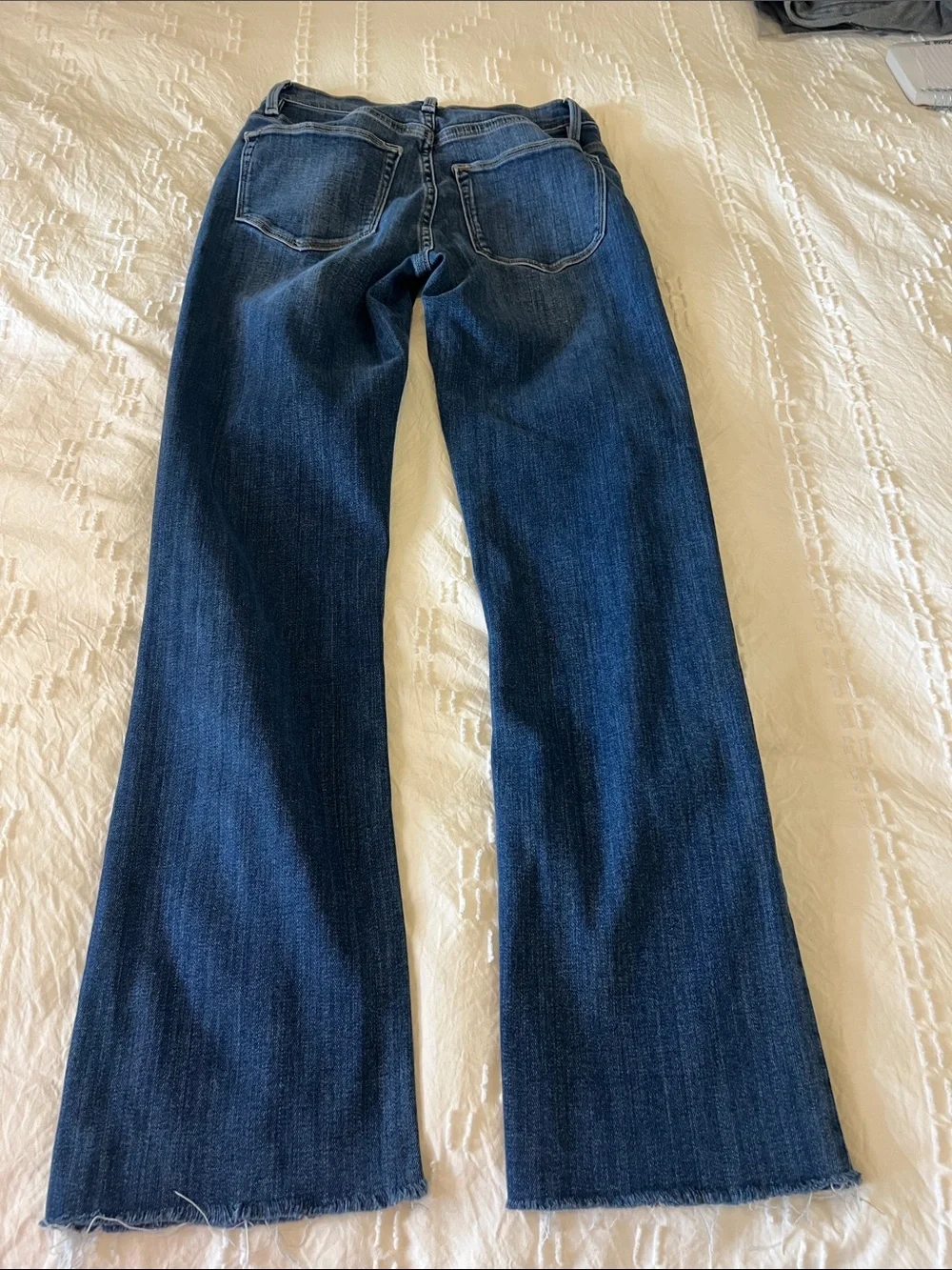 Frame Denim Jeans Le High Straight-Leg Knee Distress Blue 26 Ankle Fray Hem